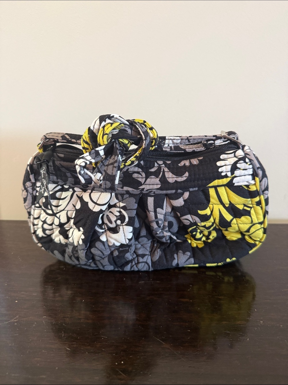 Vera Bradley Floral Quilted Mini Pleated Handbag in Black, Gray & GreenishYellow